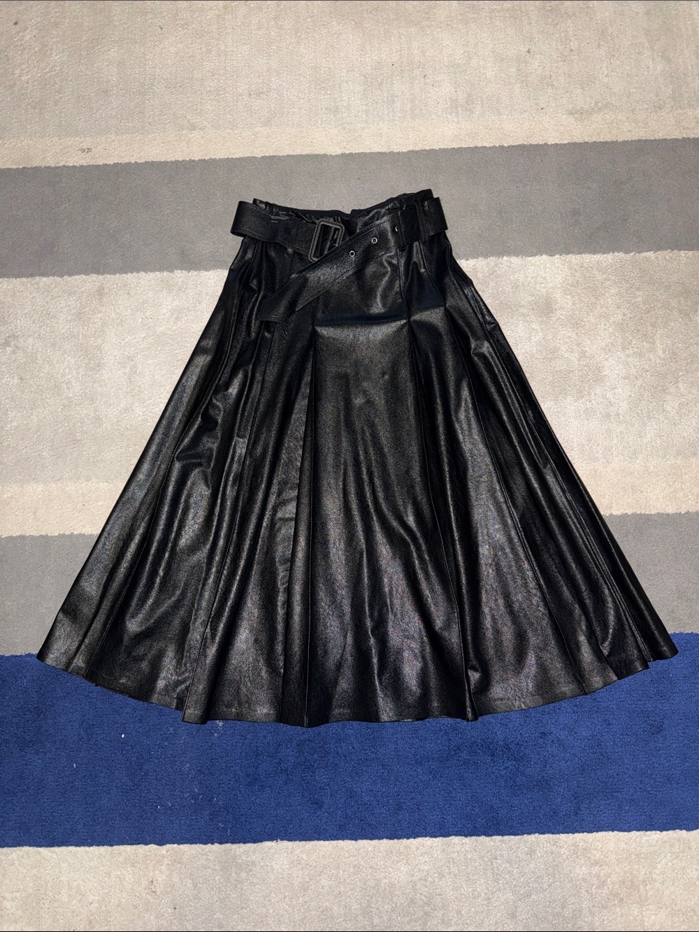 Commando Black Faux Leather High-Waist A-Line Midi Skirt with Belt